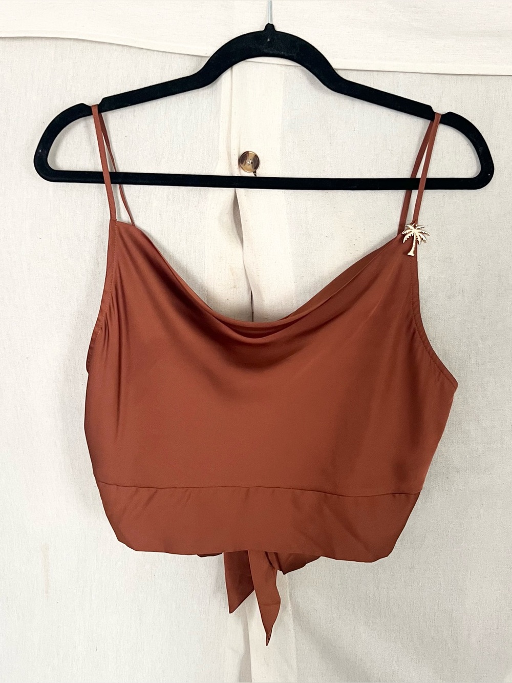 Joie Satin Cowl Palm Charm Tie Back Tank Top